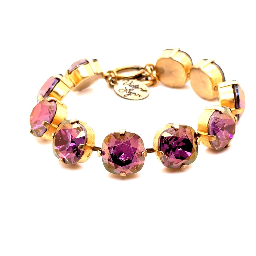 Victoria Lynn Gold Tone Amethyst Purple AB Crystal Cushion Cut Tennis Bracelet